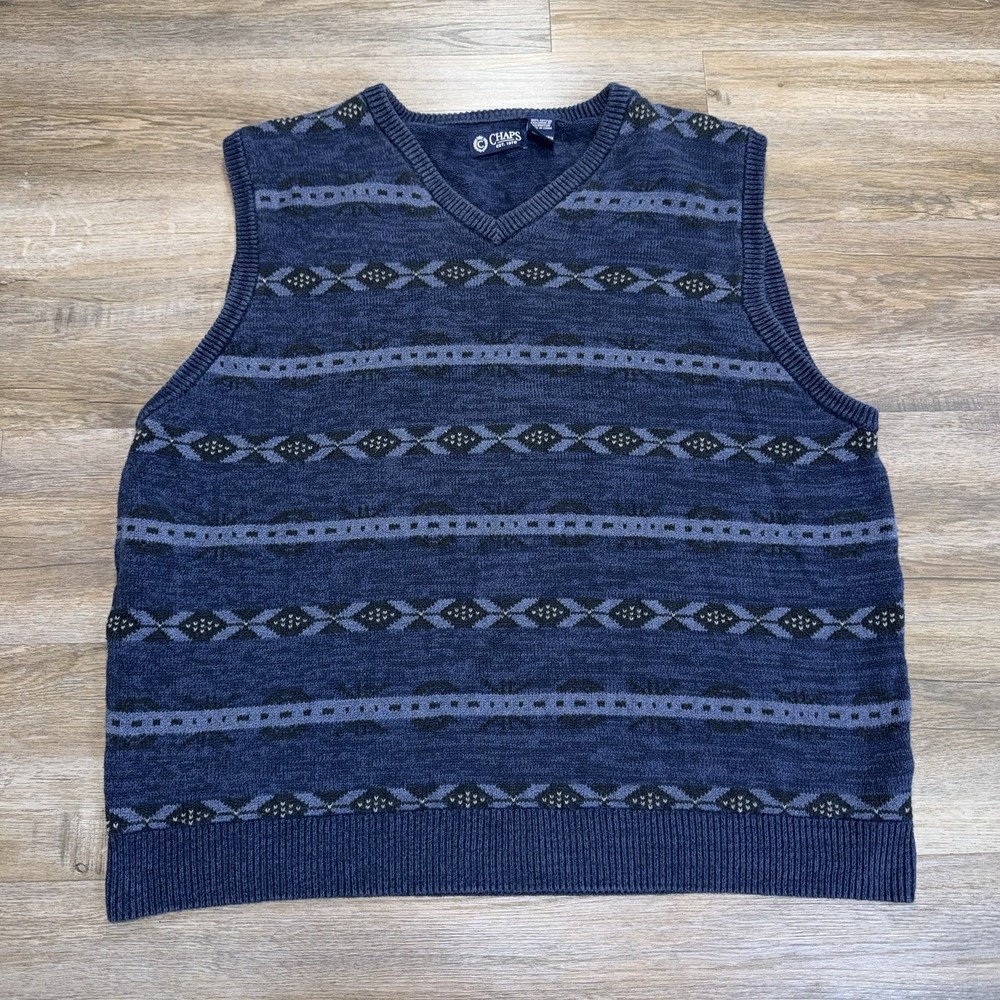 VTG Chaps Dark Blue Cotton V-Neck Sweater Vest Mens 2XL Geometric Aztec Pattern